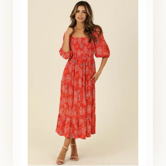 Angie Dresses & Skirts - Angie blood orange puff sleeve smocked tiered midi dress size large